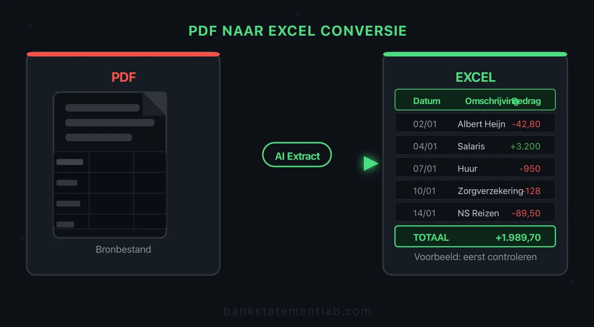 PDF-bankafschrift via extractie omgezet naar een Excel-tabel met datum, omschrijving en bedragen ter controle.