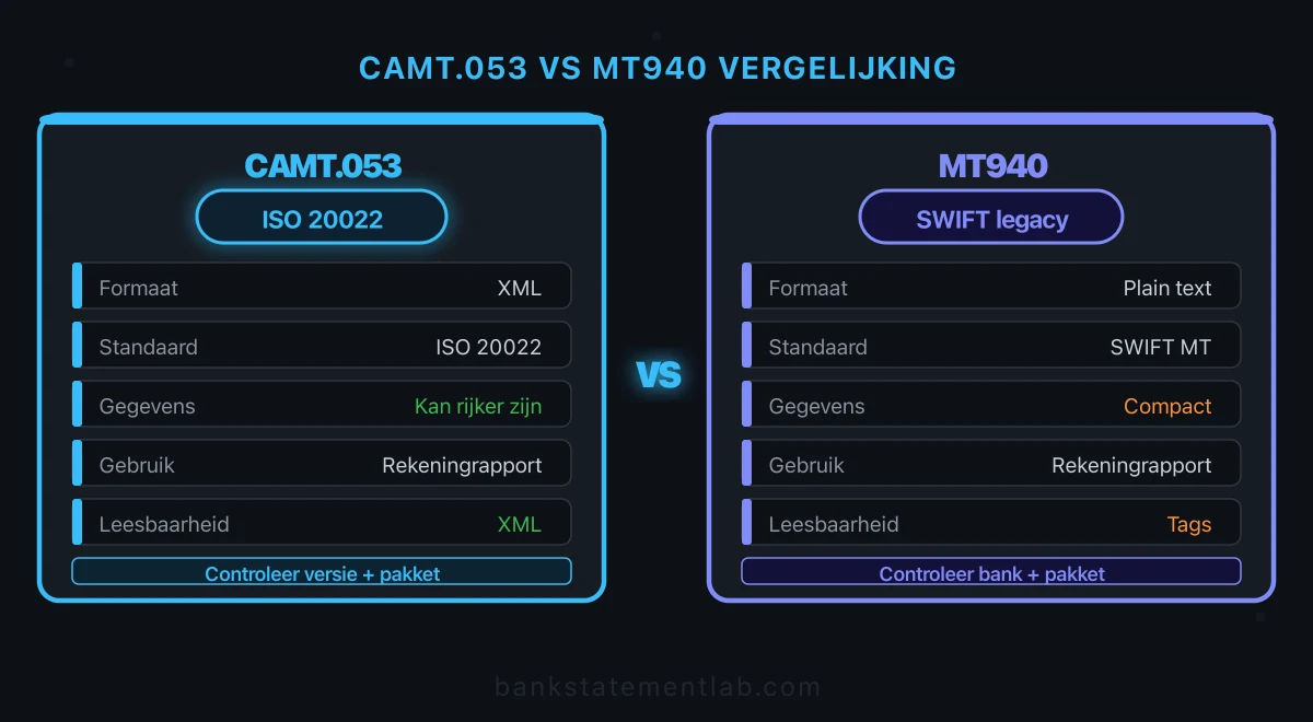 Vergelijkingskaarten voor CAMT.053 en MT940 met XML, teksttags en aandachtspunten voor bank en boekhoudpakket.