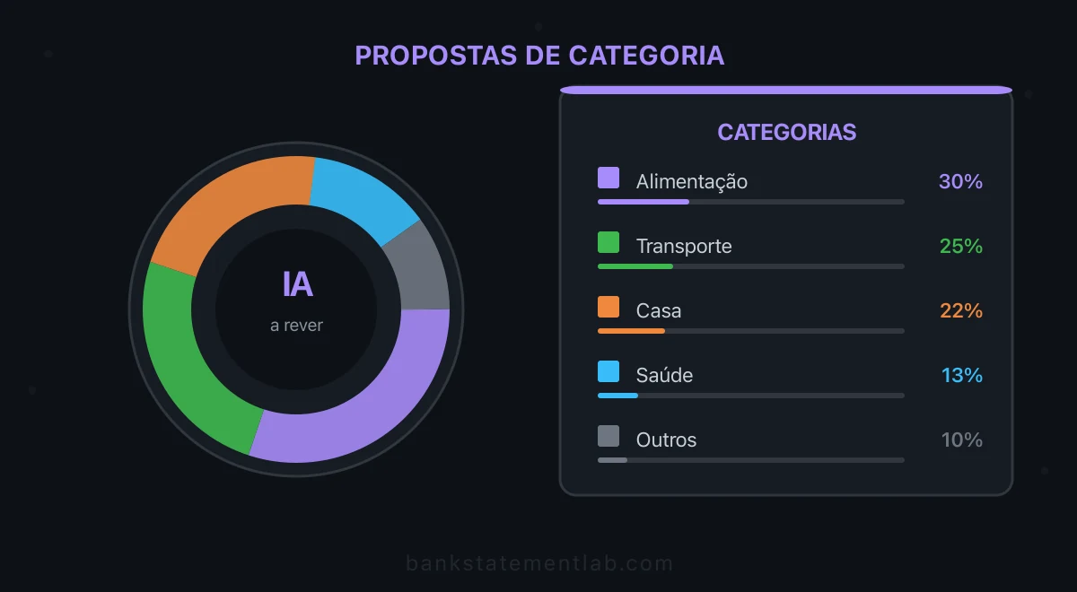 Propostas de categorias geradas por IA ao lado de um gráfico de alimentação, transporte, casa, saúde e outros gastos.