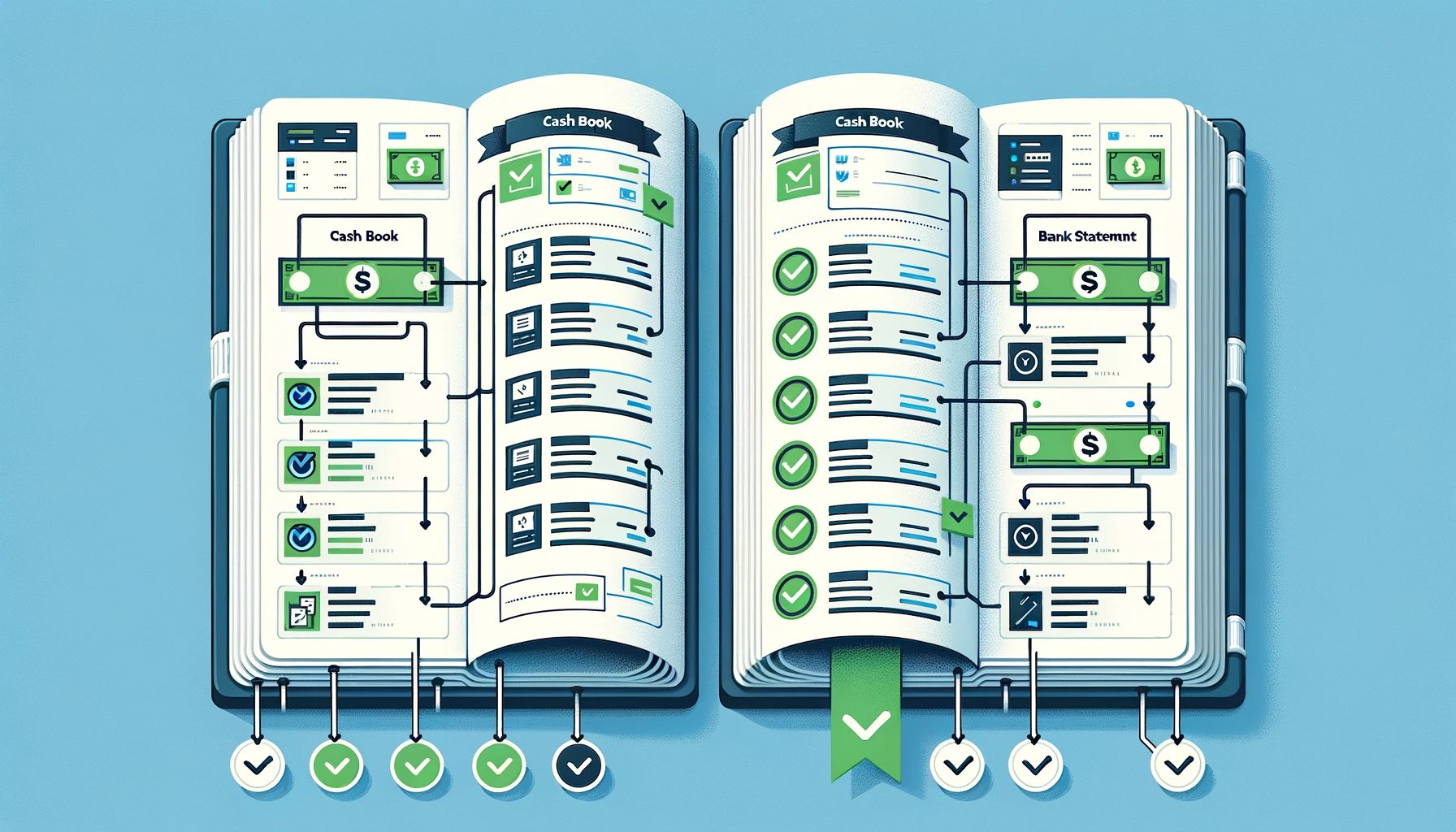 Esquema de conciliação bancária com livro de caixa e extrato lado a lado
