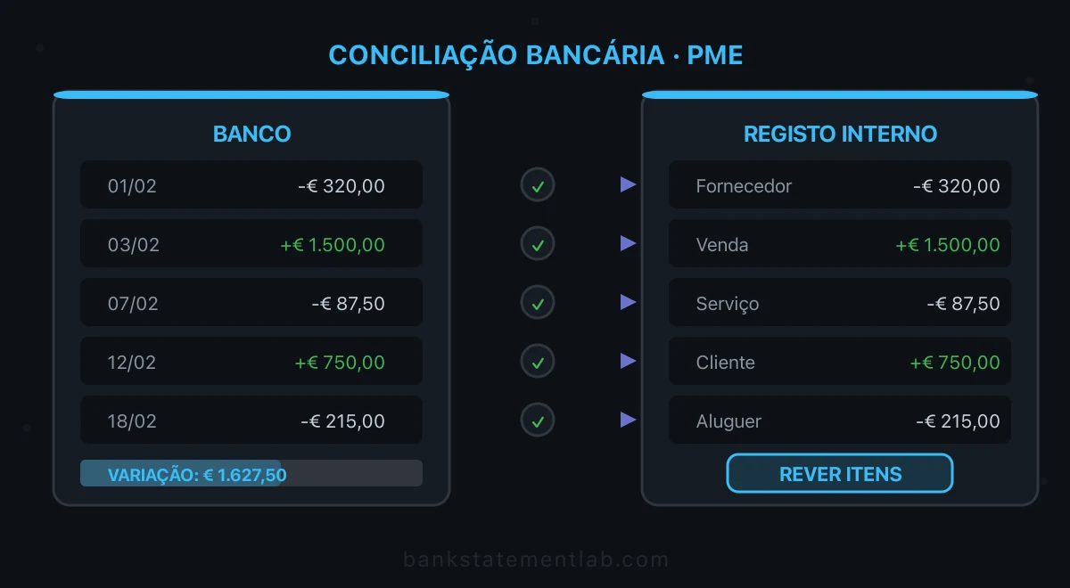 Extrato bancário e registo interno lado a lado, com linhas e marcas de conferência entre os movimentos.