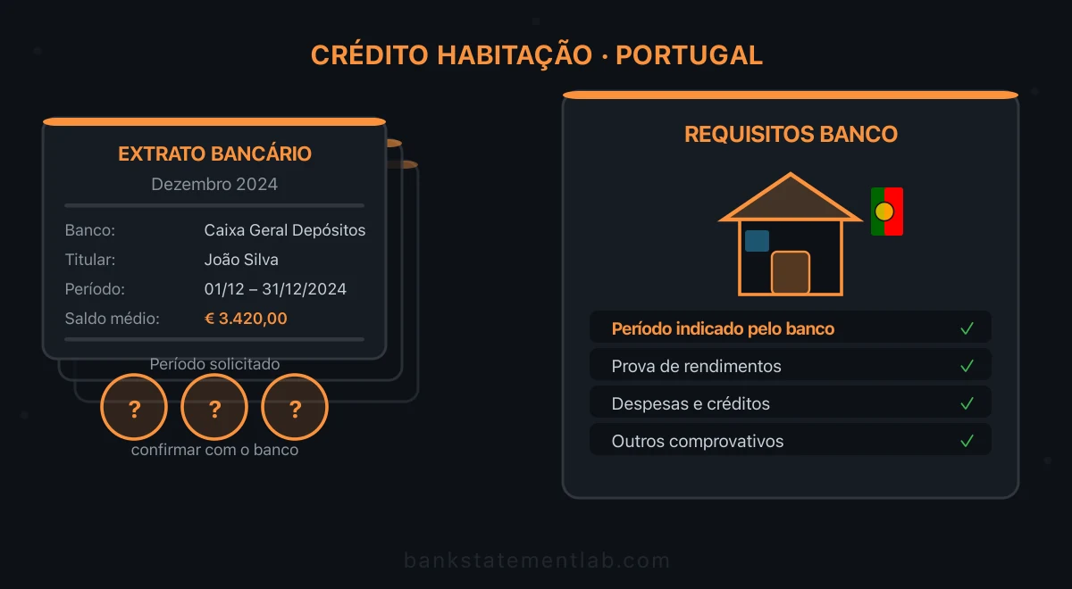 Extrato bancário de exemplo ao lado do período a confirmar e de uma lista de documentos para crédito habitação.