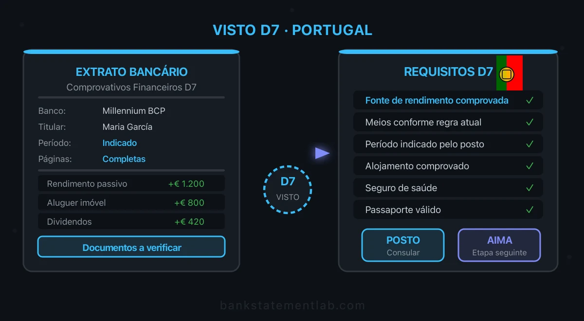 Extrato com rendimentos passivos ao lado de um visto D7 e de uma lista de comprovativos financeiros a verificar.